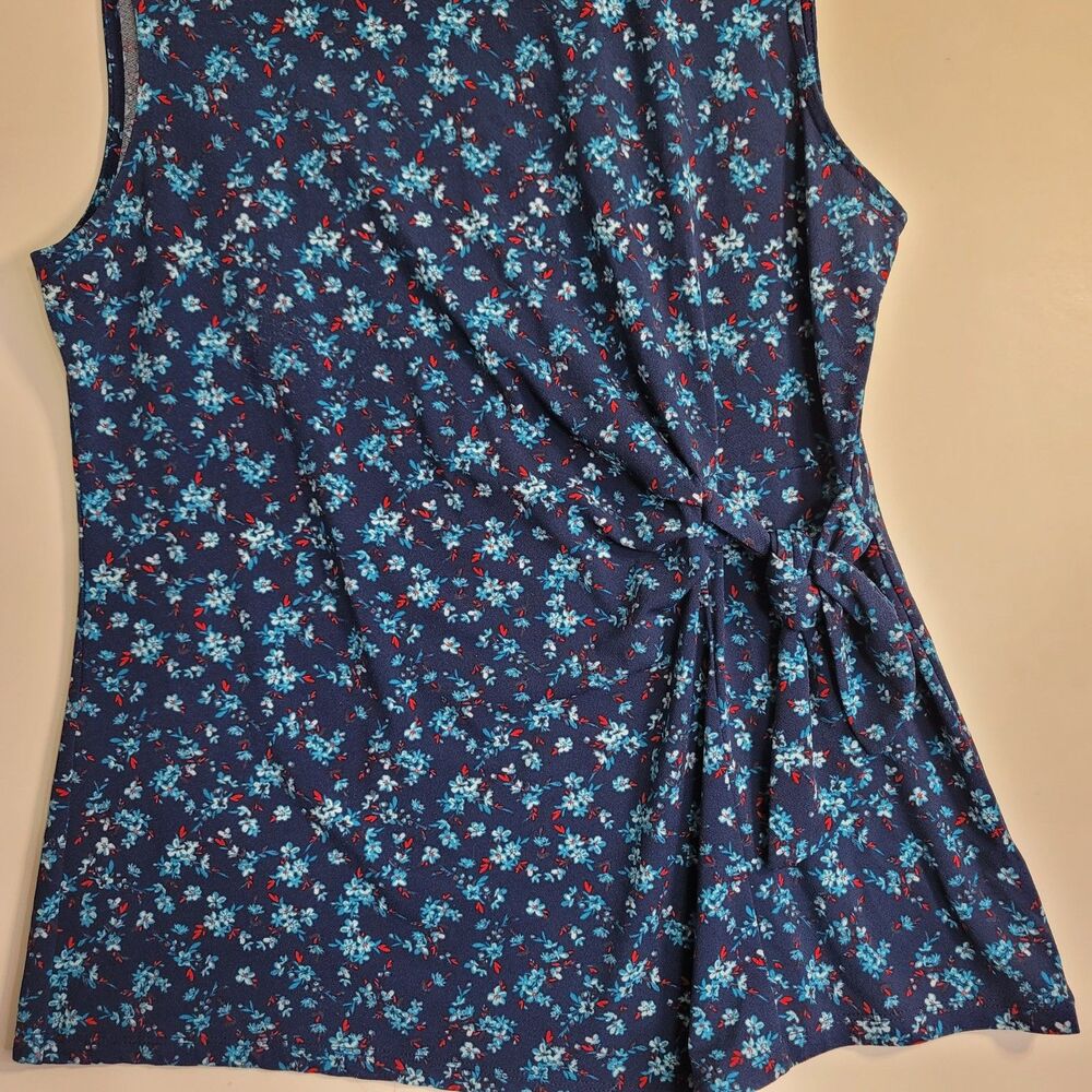 Elle Navy Blue Floral Side Tie Sleeveless Blouse Top Women's Large Soft Stretch - Picture 2 of 7